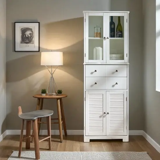 67" Tall Kitchen Pantry Cabinet with Glass Doors, Shelves and Drawer, Large Freestanding Food Storage Cupboard for Kitchen Bathroom Craft Room image {6}