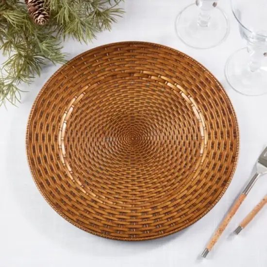 Saro Lifestyle Natural Look Faux Rattan Charger Plate (Set of 4), 13"x13", Brown image {4}