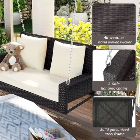 FIONECA 2-Person Wicker Hanging Porch Swing with Cushion & Pillow, Outdoor Rattan Swing Bench with Chains for Garden, Backyard, Pond (Brown/Beige) image {2}