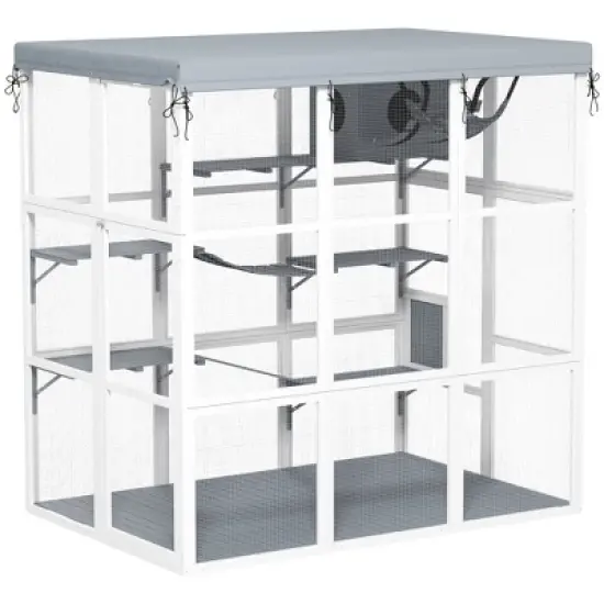 PawHut Outdoor Catio Cat Enclosure, Large Luxury Walk in Cat House with Hammock, Condo, Jump Platforms, Ladders, Ramps, Tarp, for 2-4 Cats, Gray, 71" image {6}