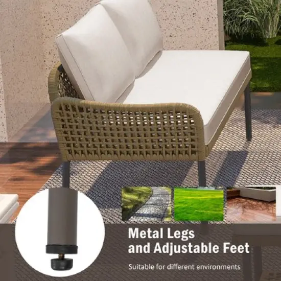 KTMBDW 6-Piece Rope Patio Furniture L-Shaped Set, Outdoor Sectional Sofa Set with Acacia Wood Table with Ice Box, Rope Benches for Garden, Porch, Deck image {6}