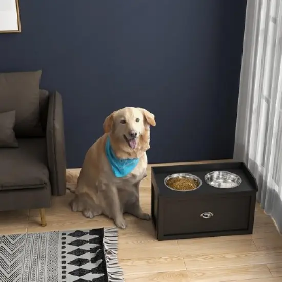 INFURNIC Pet Bowl Elevated Feeding Station with Storage Drawer Stainless Steel Bowls for Large Dogs, Black, 23.5"*11.8"*14.3" image {1}