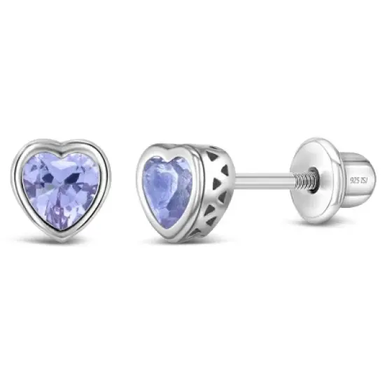 Girl's CZ Birthstone Heart Screw Back Sterling Silver Earrings - In Season Jewelry image {12}