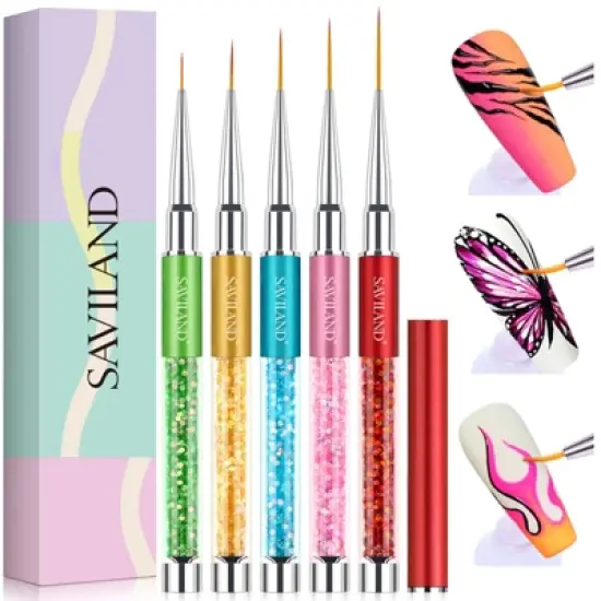 Saviland 6-Piece Crushed Diamond Liner Brush Pens for Nail Art - Gel Polish Painting & Line Drawing Kit, 7-23mm Sizes. image {5}