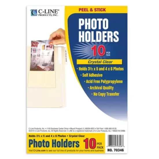 C-Line&reg; Peel & Stick Photo Holders, Clear, 4" x 6", 10 Per Pack, 5 Packs image {1}