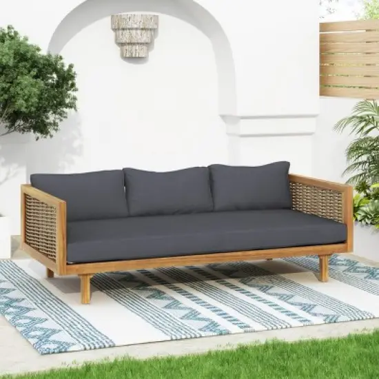 Outdoor 3 Seater Fabric Upholstered Sofa Bed,Acacia Wood Slat Panel Backrest Daybed,Rattan Armrests Patio Chaise Lounges-Coolbibila image {8}