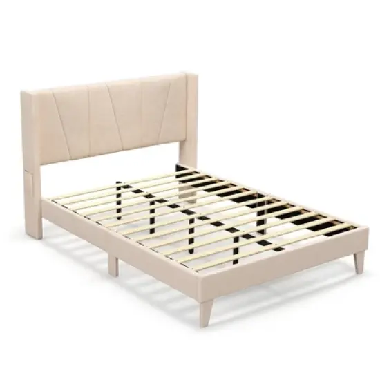 Costway Full/Queen Size Upholstered Bed Frame with Elastic Pockets Mattress Foundation Beige image {9}