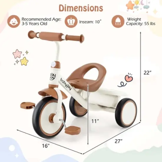 Babyjoy Kids Tricycle Toddler Trike with Adjustable Seat & Storage Basket 3 Wheel Bike Beige/Green image {2}