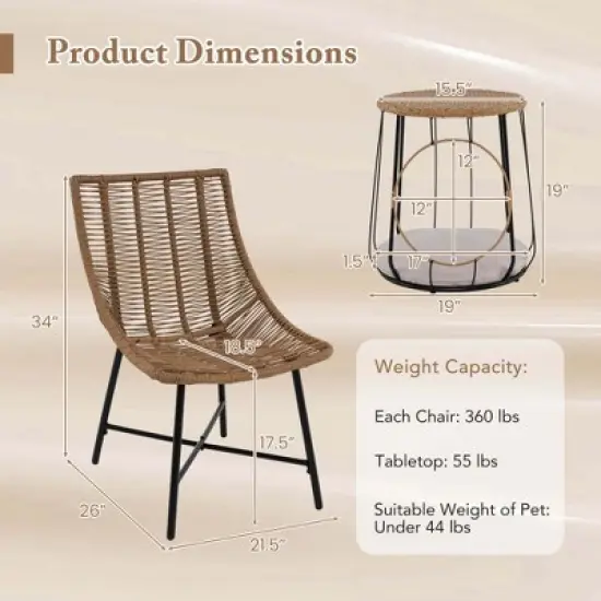 Costway 3 PCS Outdoor Furniture Set with Pet House & Heavy Duty Metal Frame Brown image {2}