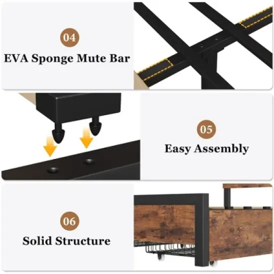 Bed Frame with 4 Storage Drawers, Metal Platform Bed with Wooden Headboard, Noise Free, No Box Spring Needed, Easy Assembly, Vintage Brown image {4}