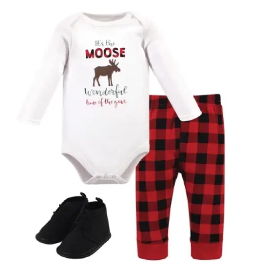 Hudson Baby Infant Boy Cotton Bodysuit, Pant and Shoe 3pc Set, Moose Wonderful Time image {4}