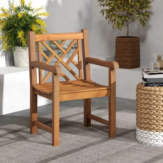 Tangkula Teak Wood Patio Dining Chair Outdoor Armchair w/ Slatted Seat & Solid Legs image {1}