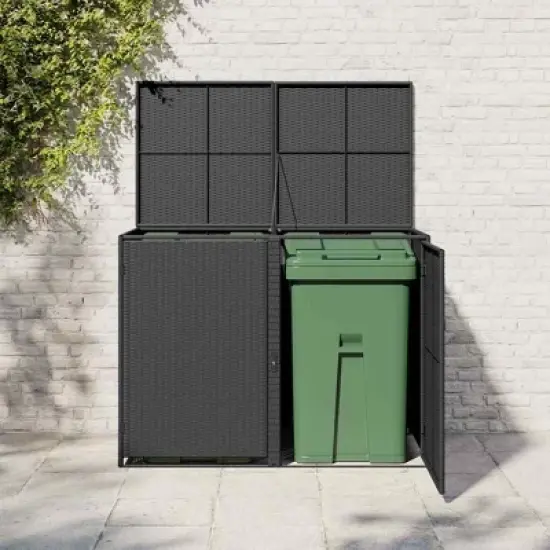 vidaXL Double Wheelie Bin Shed with Lid and Lockable Doors, Poly Rattan 31.5"x58.3"x43.7" Black image {2}