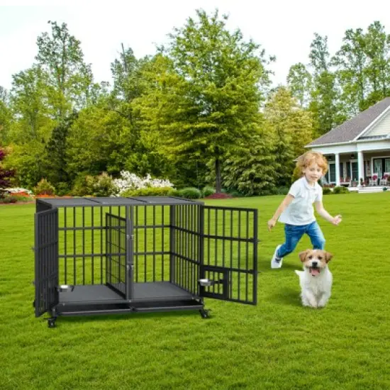 42"/48"/52" Heavy Duty Dog Crate, Extra Large Metal Dog Kennel with Roof Top, 2 Door Pet Cage House with Removable Tray and Wheels image {7}