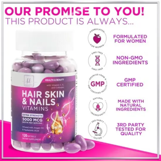 Hair, Skin & Nails Vitamins Women, Biotin 5000mcg to Support Hair Growth with Argan Oil, Collagen & Hyaluronic Acid - 120 Softgels By Hello Lovely! image {3}