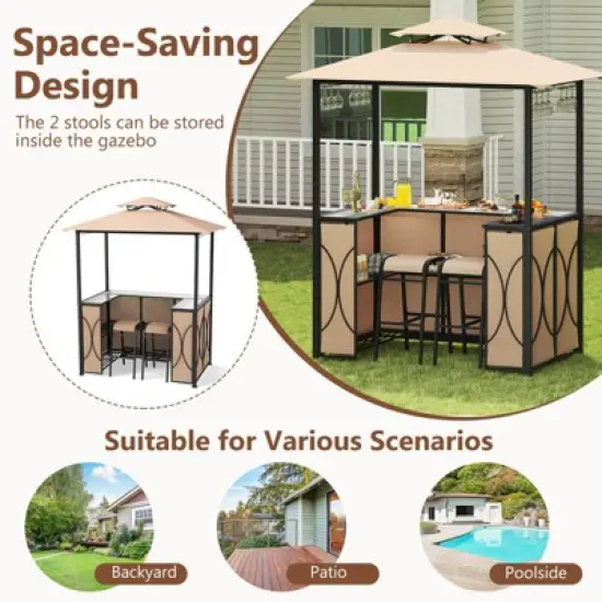 Costway 6.5 x 4 x 8 FT Grill Gazebo Set with 2 Bar Stools, Tempered Glass Bar Table Brown/Gray image {7}