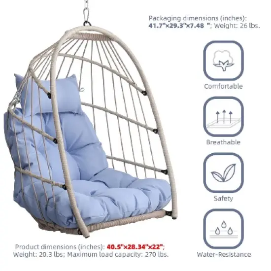 Whisen 1-Person PE Rattan Outdoor Indoor Hanging Hammock Chair Egg Chair Swing with Cushion image {5}