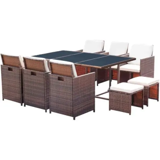 11pc Outdoor Dining Set with Wicker Rattan Chairs & Tempered Glass Ottoman - Brown - Devoko image {2}