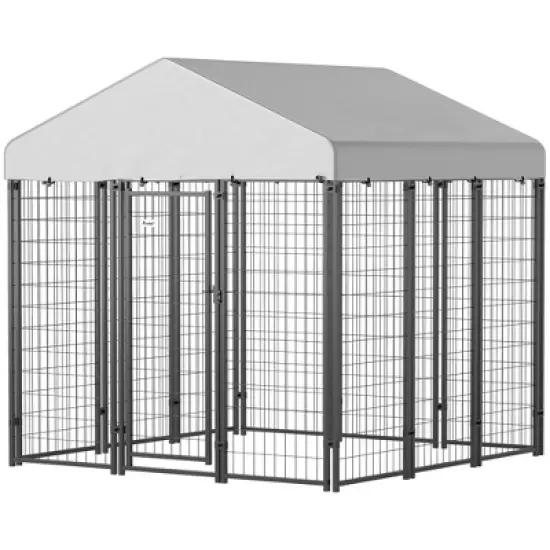PawHut Outdoor Dog Kennel with Roof, Welded Wire Dog Playpen Enclosure with Escape-proof Lock, UV-Resistant & Waterproof Cover, 6' x 6' x 6', Silver image {3}