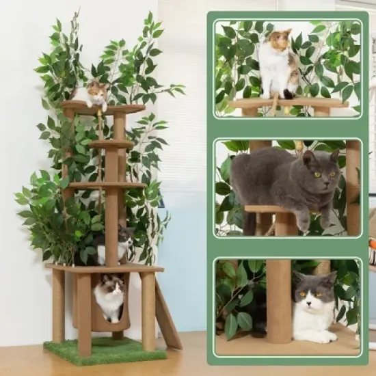 Sandinrayli 76 in. Cat Tree Tower Condo with Green Leaves and Scratching Posts image {4}