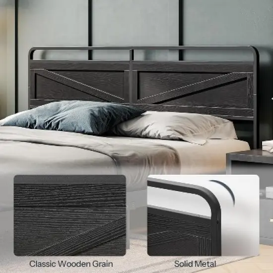 Metal & Wooden Panel Headboard, King Headboard, Minimalist Head Board with Metal Frame, Height Adjustable, with Bed Frame Adapter, Black image {6}
