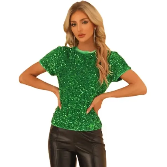 Allegra K Women's Sequin Velvet Crew Neck Short Sleeve T-shirt image {14}
