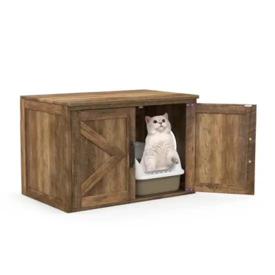 Tangkula Cat Litter Box Enclosure w/ Double Barn Doors Removable Divider Middle Entry image {10}