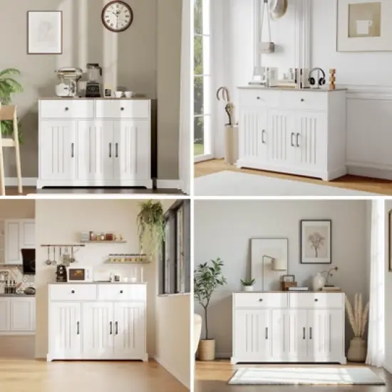 56" Large Sideboard Buffet Cabinet with Storage, Wooden Kitchen Storage Cabinet with Adjustable Shelf, Drawers & Barn Doors,  Coffee Bar Buffet Table image {3}