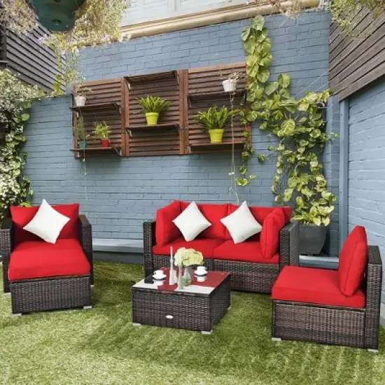 Costway 6PCS Patio Rattan Furniture Set Cushion Sofa Coffee Table image {10}