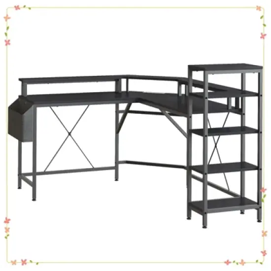 61 Inch L Shaped Home Office Gaming Desk with Outlets - Built-in LED Lights & 5-Shelf System image {8}