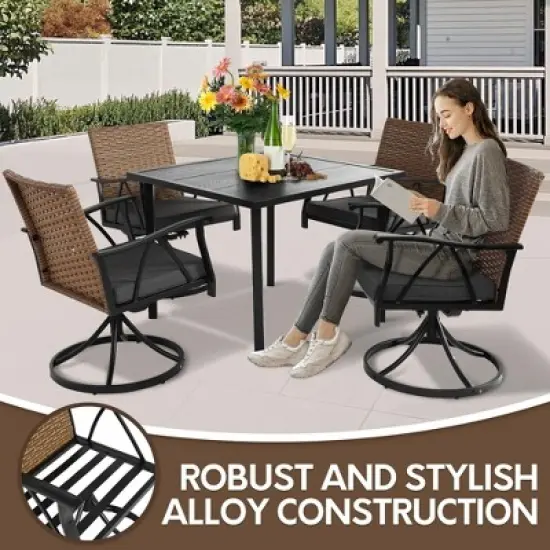 HOMEFUN 5 Piece Patio Dining Set for 4,Outdoor Wicker Furniture Set with 4 Cushions Swivel Rocker Chairs,steel Table Top,Gray image {5}