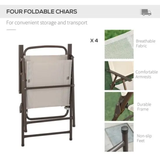 Outsunny 6 Piece Patio Dining Set for 4 with Umbrella, 4 Folding Dining Chairs & Round Glass Table for Garden, Backyard and Poolside image {4}