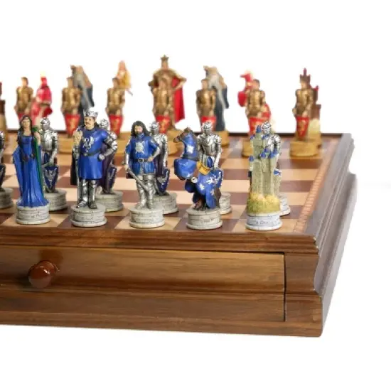 WorldWise Imports Chess Set - King Arthur Painted Resin on 15" Walnut/Maple Chest image {2}