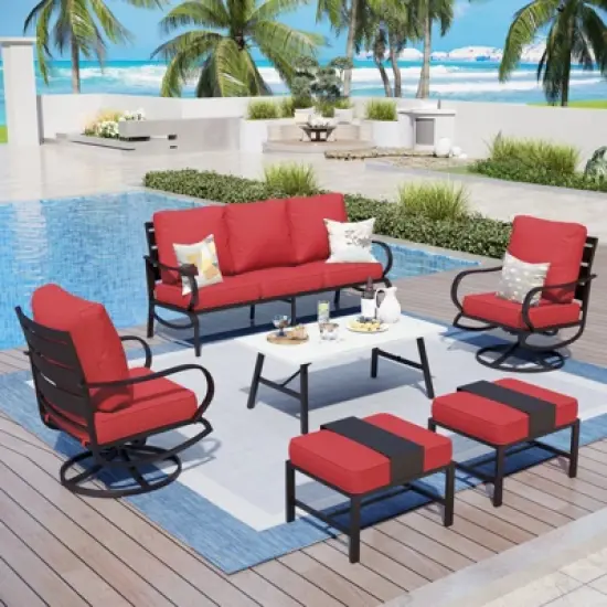 Captiva Designs 6pc Metal Patio Furniture Conversation Set with Swivel Chairs and Ottomans for Garden Porch Backyard image {13}