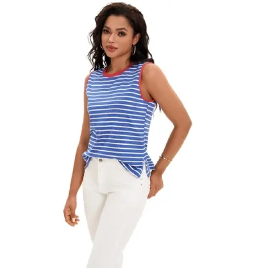 ATHLECHIC Women's Striped Color Block Side Slits Crew Neck Casual Sleeveless Shirts image {2}