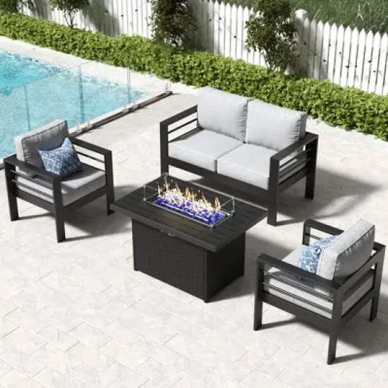 LayinSun Aluminum Furniture Set with Fire Pit Table, 4 Pieces Patio Sectional Conversation Chat Sofa Modern Seating Set image {7}