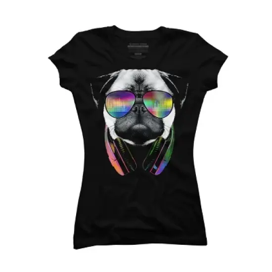 Junior's Design By Humans Rainbow Beat DJ Pug By clingcling T-Shirt image {3}
