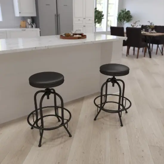 Merrick Lane Barstool Contemporary Black Faux Leather Backless Stool with Swivel Seat Height Adjustment and Footrest image {5}