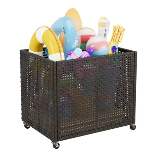 80 Gallon Outdoor Storage Box with 2 Wheels, PE Rattan Deck Box with Lid and Handles, All-Weather Storage Bin for Patio, Garden and Garage, Yard image {9}