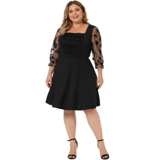 Agnes Orinda Women's Plus Size Square Neck Sheer Long Sleeve Ruffle Flowy A-Line Dresses image {2}