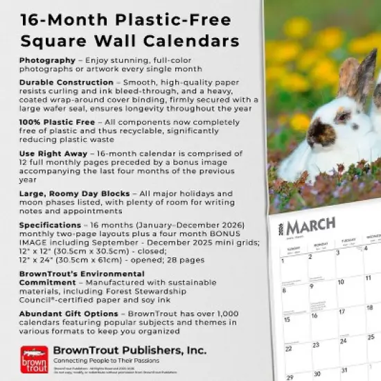 BrownTrout Honey Bunny 2026 12"x24" Hanging Square Wall Calendar Plastic-Free image {5}