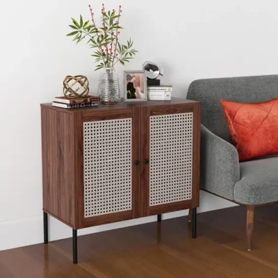 Costway Rattan Buffet Sideboard Wine Cabinet Cupboard with Adjustable Shelf Oak/Walnut image {1}