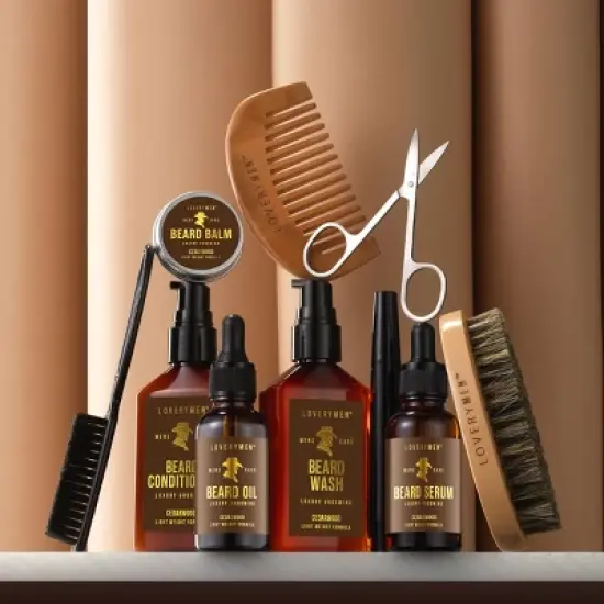 LOVERYMEN 9-Piece Ultimate Beard Care Kit: Beard Oil, Balm, Serum, Wash, Conditioner, Shears, Comb, Brush, & Beard Pen in Elegant Gift Box image {2}