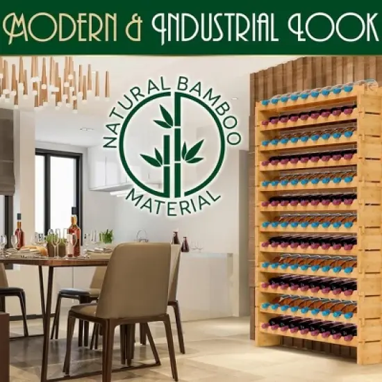 NutriChef 12-Tier Wine Shelf - 108 Bottle Capacity, Solid Bamboo Construction, Adjustable Shelves, Space-Saving Design image {8}