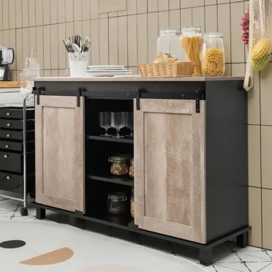 Costway Kitchen Buffet Storage Cabinet Sideboard w/ Sliding Barn Doors Adjustable Shelf image {9}
