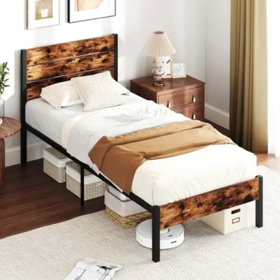 Costway Twin/Full/Queen/King Bed Frame with Tall Industrial Headboard Heavy-Duty Metal Slats Support Brown image {10}