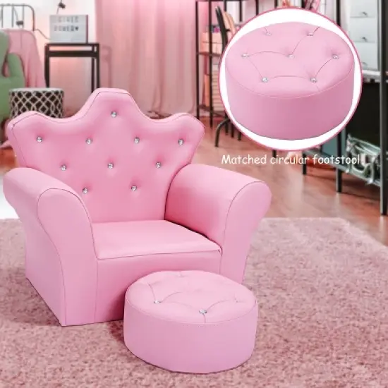Costway Pink Kids Sofa Armrest Chair Couch Children Toddler Birthday Gift w/ Ottoman image {2}