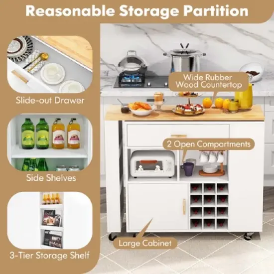 Costway Reversible Folding Kitchen Island Cart Utility Storage Trolley Wine Rack Shelves image {5}