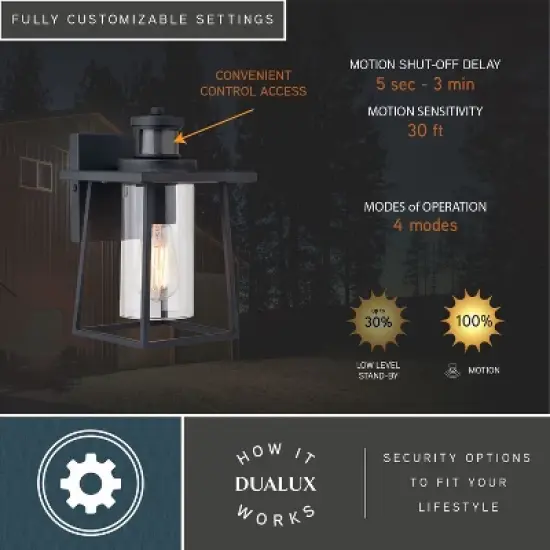 VAXCEL Ridge 6.5-in. W 1 Light Aluminum Black Motion Sensor Dusk to Dawn Outdoor Wall Lantern Clear Glass image {3}
