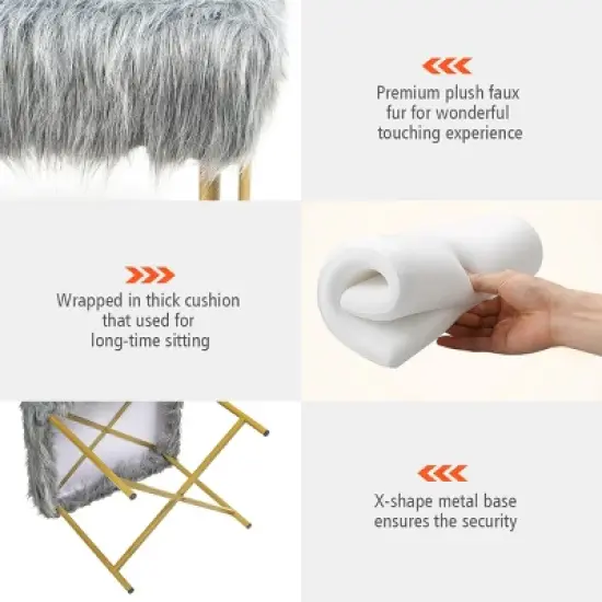 Costway Faux Fake Fur Stool Ottoman Footrest Stool Decorative with Metal Legs GreyPinkWhite image {8}